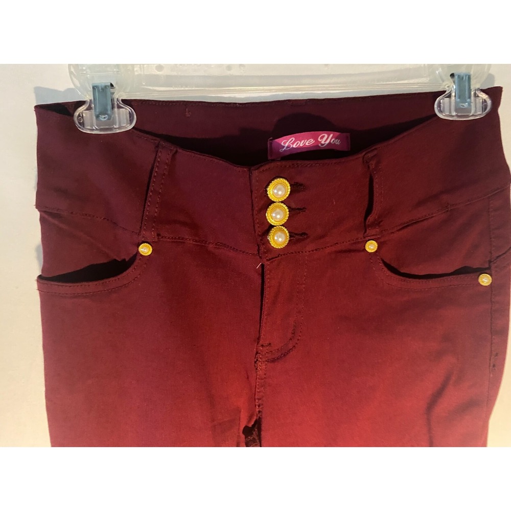 Women's Button Stretch Pants "Love You" Burgundy with Pearl-Gold Accents Size M - Picture 2 of 7